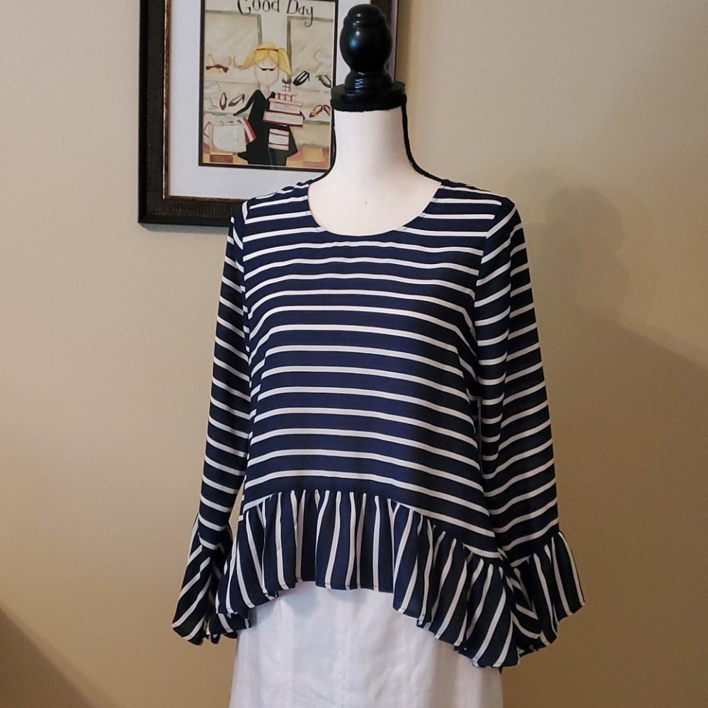 Long Sleeves Horizontal Striped Ruffle Blouse